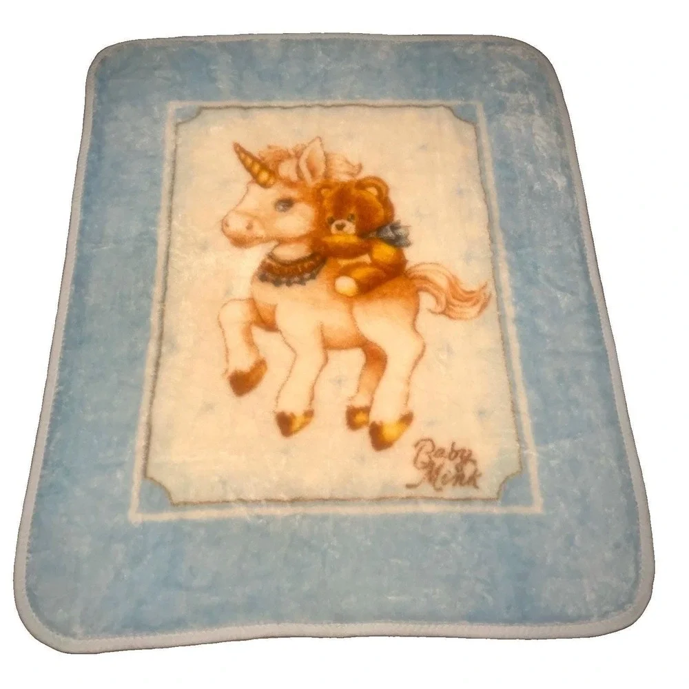 Vtg 80s Baby Mink Unicorn Teddy Bear Blue Plush Crib Blanket Zigzag Trim 43x51